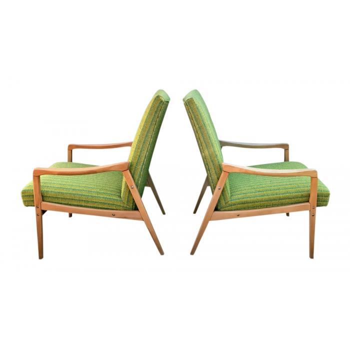 Pair mid century chairs green stripe wool side.jpg